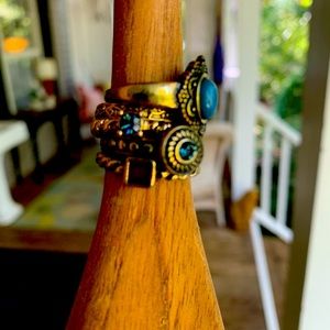 Costume gold/brassy aged rings, blue, aqua, purple fake gems